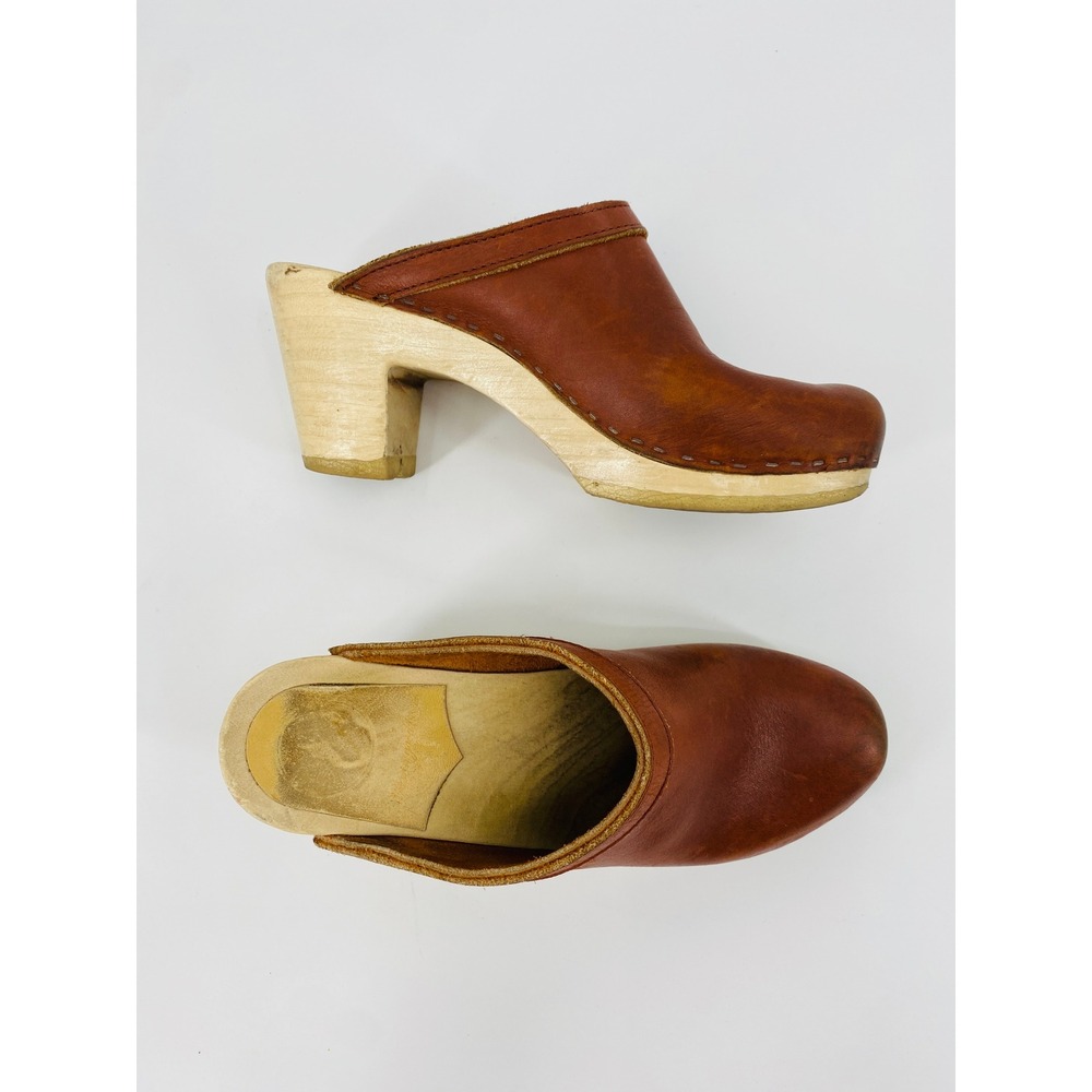No. 6 Clog Mules Women 39 Brown Leather Wooden Heel Slip On